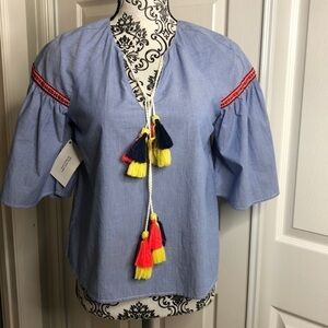 Isa & Ella FLAW Blouse Blue Stripe Tassel Top M READ‎ Bohemian